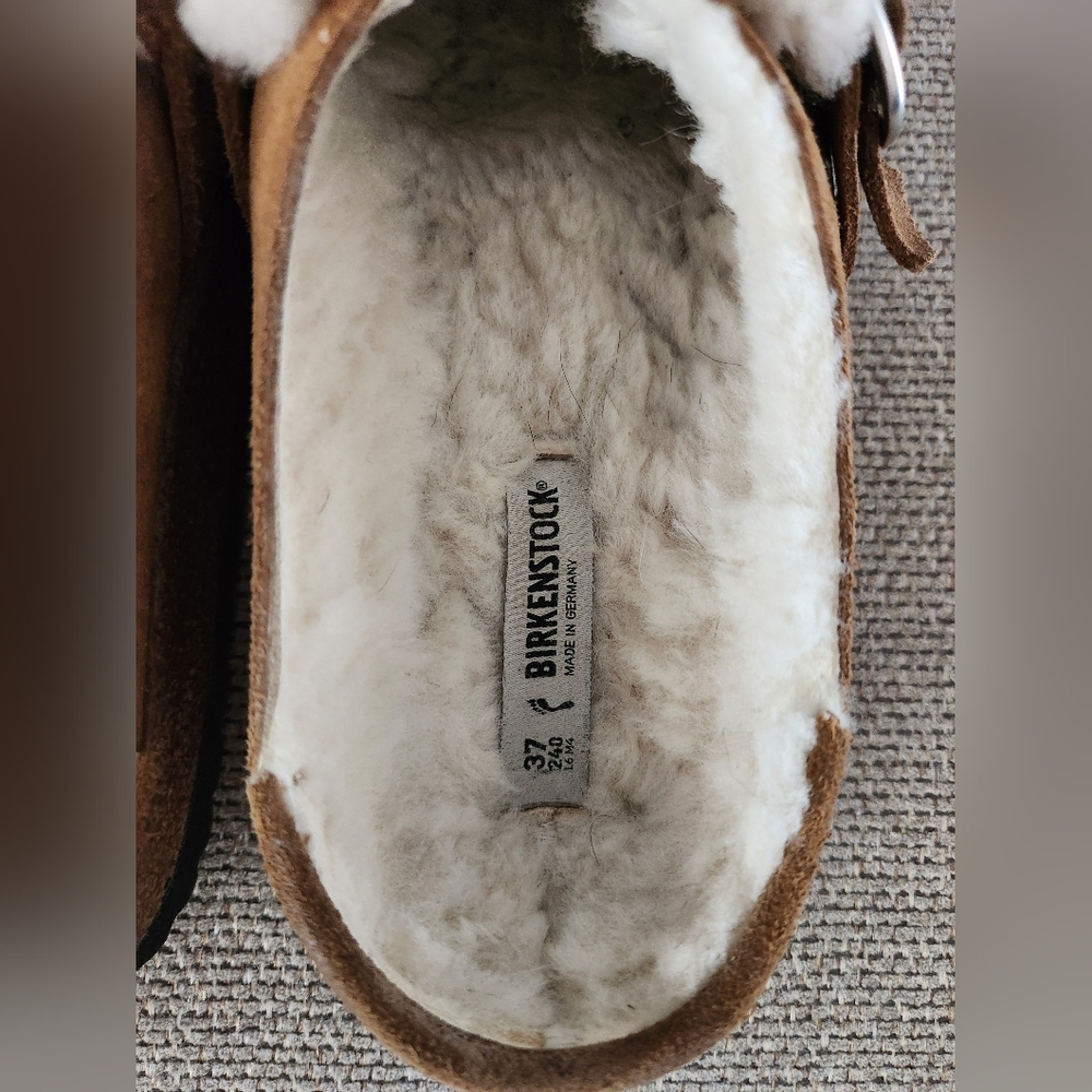 Birkenstock Tan Suede Shearling-Lined Clog Mules with Buckle - Picture 9 of 10